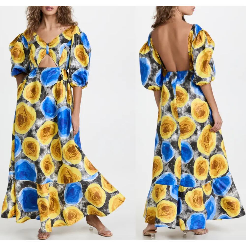 Mangishi Doll Sz 10‎ Zahara Maxi Dress in Yellow Swirl Whimsical Open Back
